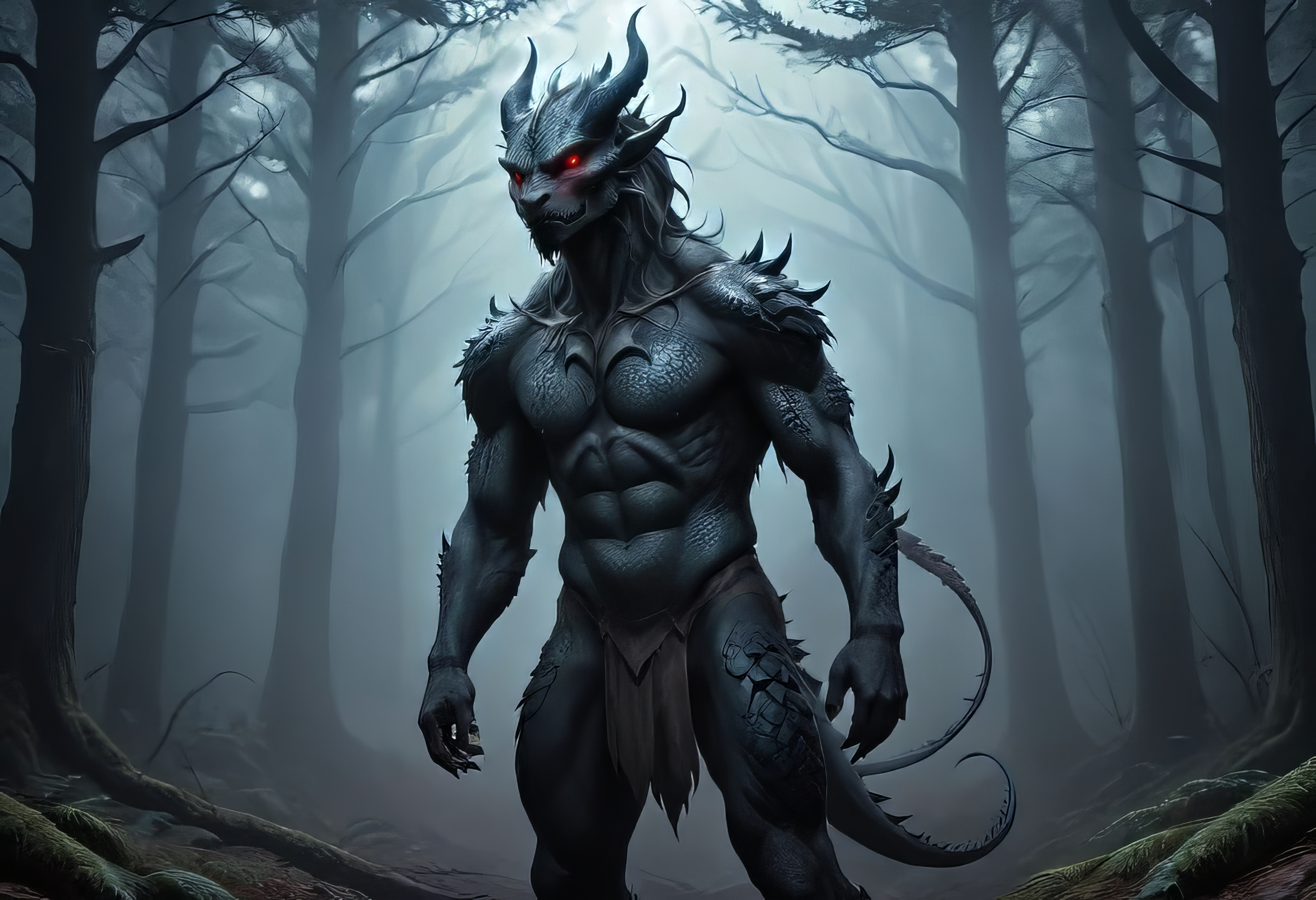 ASCIIanime artwork human dragon hybrid, human head, dragon scale skin, dragon eyes, male focus, full body, standing, grimdark, creepy tale:1.15, dark forest background, with rolling mist rim lighting, style of Anato Finnstark, by alena aenami, <lora:RM_Niji_v1.0_bf16:0.8> . anime style, key visual, vibrant, studio anime,  highly detailed