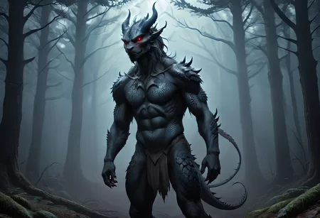 ASCIIanime artwork human dragon hybrid, human head, dragon scale skin, dragon eyes, male focus, full body, standing, grimdark, creepy tale:1.15, dark forest background, with rolling mist rim lighting, style of Anato Finnstark, by alena aenami, <lora:RM_Niji_v1.0_bf16:0.8> . anime style, key visual, vibrant, studio anime,  highly detailed