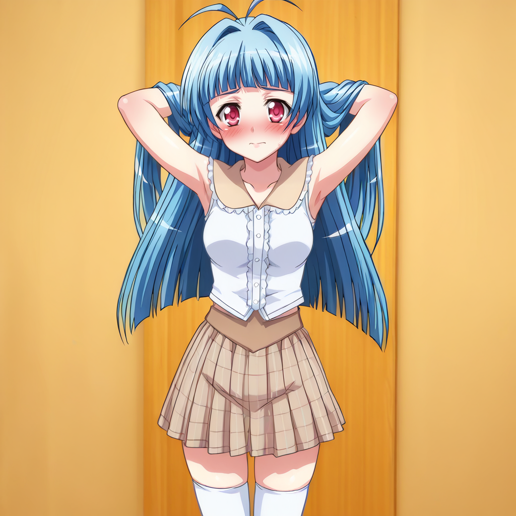 HDA_MasterpieceXL_v1.2, cowboy shot, focus on face, <lora:Emille_Honjou_-_é­æ³å°å¥³ãããª_Mahou_Shoujo_Elena:1> RegularEmille, 1girl, solo, petite body, medium breasts, blue hair, long hair, red eyes, sleeveless, skirt, thighhighs, loafers, looking at viewer, arms behind hair, blush, indoors, bedroom,