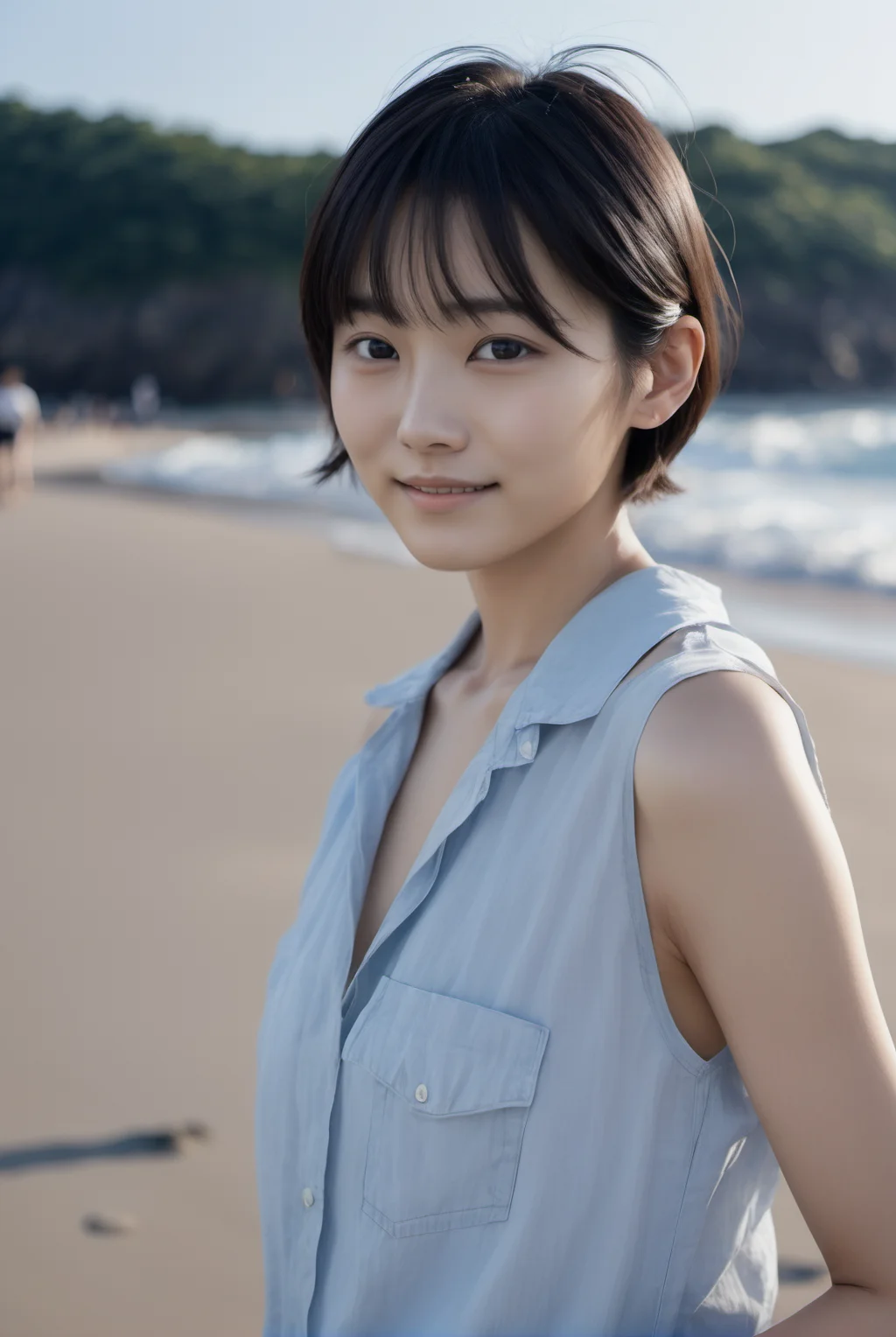 jpn-girl, Professional portrait photography of the face of a beautiful girl with (glossy nude lips) with black eyes, Nikon Z9, looking at the camera, realistic matte skin, highly detailed, skin texture visible, 20 yo, 1girl, short hair , woman wearing casual clothes, blurry background, in beach, shiny skin, sunlight,
<lora:jpn-girl_v1:0.75>