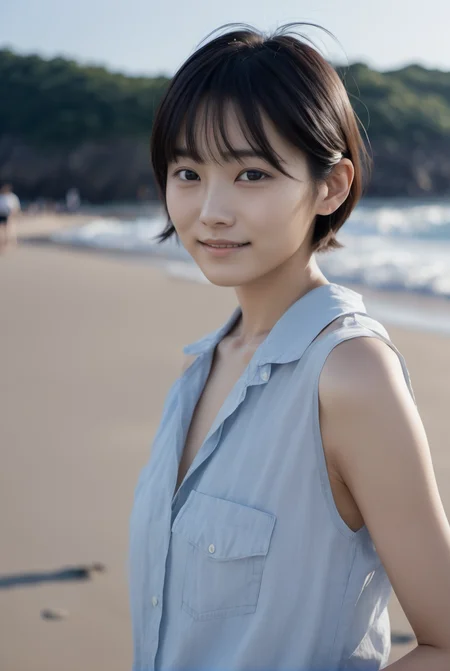 jpn-girl, Professional portrait photography of the face of a beautiful girl with (glossy nude lips) with black eyes, Nikon Z9, looking at the camera, realistic matte skin, highly detailed, skin texture visible, 20 yo, 1girl, short hair , woman wearing casual clothes, blurry background, in beach, shiny skin, sunlight,
<lora:jpn-girl_v1:0.75>