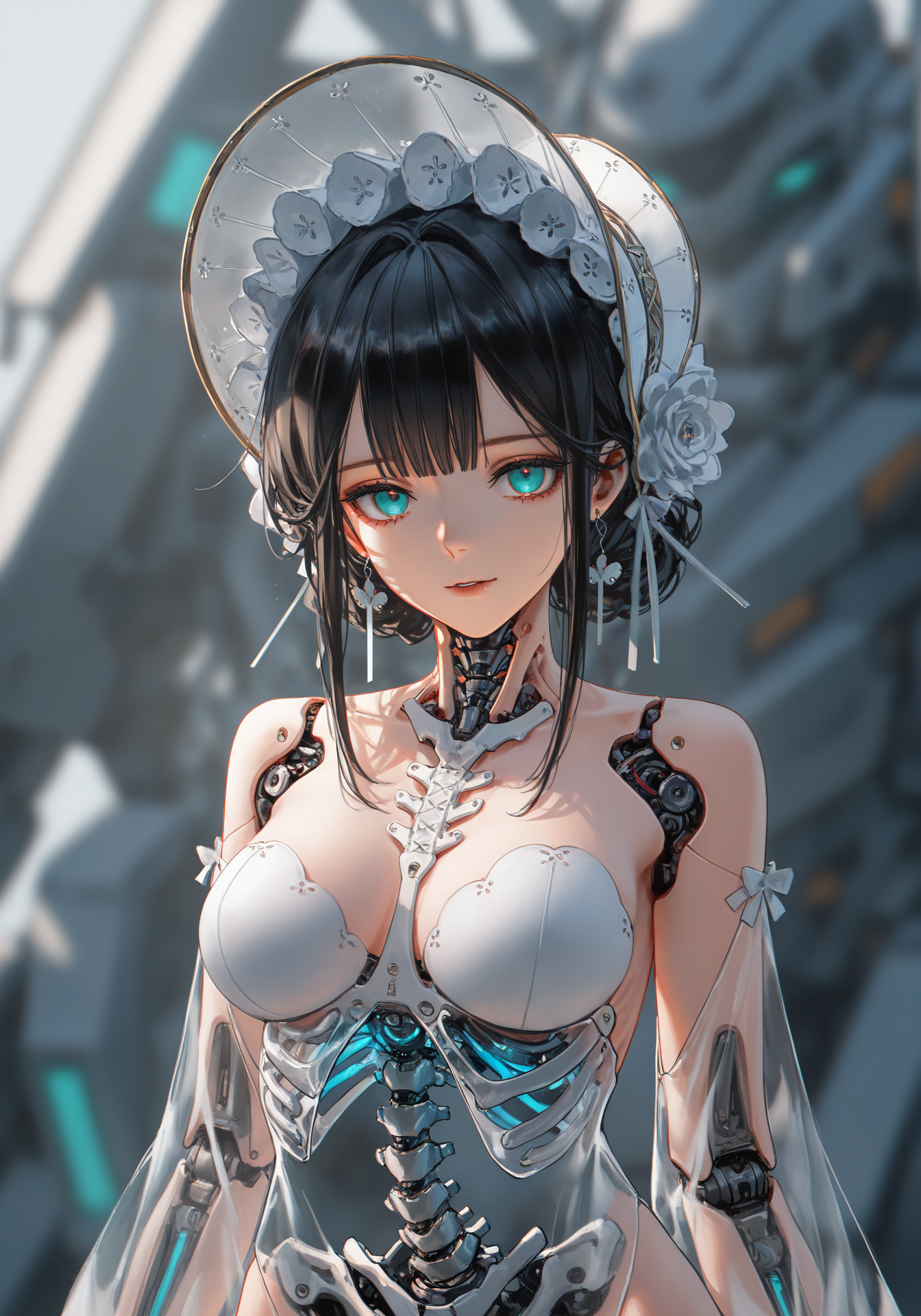 oastlv, z3zz4,
masterpiece, best quality, amazing quality, very aesthetic, absurdres, year 2023, onineko, tianliang duohe fangdongye, wlop, ciloranko, ask \(askzy\), miv4t, 1girl, android, aqua eyes, black hair, bone, glowing, mechanical  background, looking at viewer, mechabare, mechanical spine, medium hair, ribs, robot, science fiction, see-through body, skeletal body,, solo, spine, translucent, transparent, mecha bonnet , breasts, adult, mature
very aesthetic, high definition, amazing quality,
masterpiece, best quality, very aesthetic, highres, absurdres, sensitive