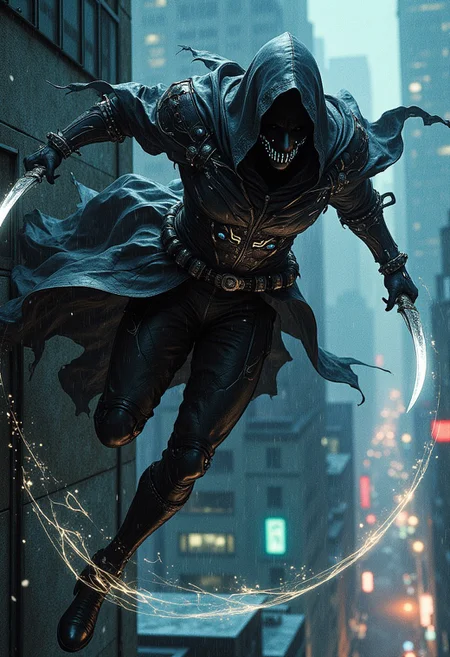 A highly skilled assassin is frozen mid-motion in a dramatic, dynamic pose, leaping gracefully from a shadowy ledge. Their lithe body twists fluidly in the air, showcasing impeccable control and agility. The assassin’s attire is sleek and futuristic, a blend of matte-black armor plates and lightweight fabric with glowing, faintly pulsating circuit-like patterns running along the seams. The fabric flutters around them, emphasizing their swift movement.
Their face is partially obscured by a high-tech, angular mask, its surface displaying subtle shifting holograms, leaving only their piercing, emotionless eyes visible. A pair of uniquely curved daggers, shimmering with an iridescent finish, gleam in their hands, one poised for a strike, the other held defensively. The weapon designs are intricate, with fine engravings glowing faintly in the dark.
As they leap, a swirling cloak of thin, semi-transparent energy trails behind them, filled with fragmented light particles that resemble a shattered starfield. The backdrop is a neon-lit urban sprawl, blurred with motion, as rain cascades down in shimmering streaks. Strange bioluminescent graffiti marks the walls, hinting at a dystopian, cyberpunk world. The assassin’s dynamic pose and unique aesthetic touches exude a mix of lethal precision and otherworldly style, making them a mesmerizing and dangerous figure.