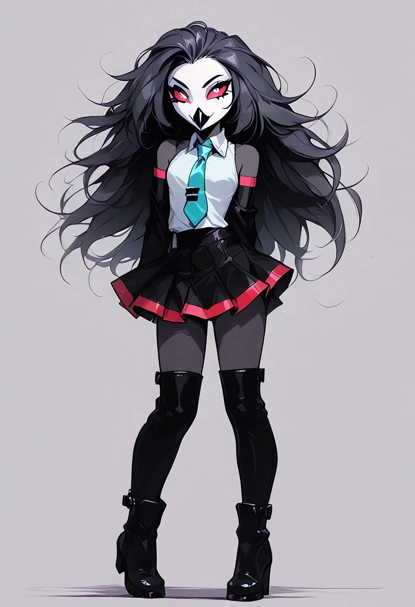 score_9, score_8_up, score_7_up, score_6_up, 1girl, solo, octavia, octavia, avian bird demon owl owl_demon, beak, red sclera, from hellova boss, anthro furry, long hair, teal coloured hair, perfect face, perfecteyes, sexy, sexy girl, beautiful eyes,  dancing, dynamic angle, full body shot, red eyes, glowing eyes, pop star, singing, <lora:hatsune-miku-cosplay-ponyxl-lora-nochekaiser:1>, hatsunemikucosplay, hatsune miku \(cosplay\), aqua necktie, black footwear, black skirt, black sleeves, boots, collared shirt, detached sleeves, grey shirt, necktie, pleated skirt, shirt, skirt, sleeveless, sleeveless shirt, thigh boots, tie clip,