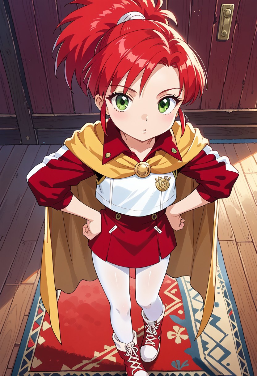 score_8, score_8_up, score_7_up, source_anime, official art, anime screenshot BREAK female focus, solo, 1girl, Elie_Lunar, red hair, ponytail, sidelocks, cape, yellow cape, jacket, collared jacket, raglan sleeves, dress, red dress, pantyhose, white pantyhose, boots, red boots, standing, looking at viewer, v, wooden floor, wooden wall, carpet, hand on hip