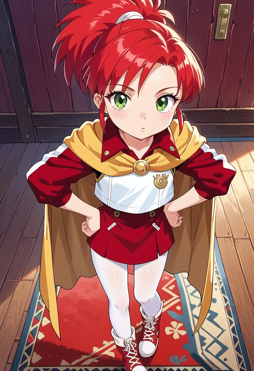 score_8, score_8_up, score_7_up, source_anime, official art, anime screenshot BREAK female focus, solo, 1girl, Elie_Lunar, red hair, ponytail, sidelocks, cape, yellow cape, jacket, collared jacket, raglan sleeves, dress, red dress, pantyhose, white pantyhose, boots, red boots, standing, looking at viewer, v, wooden floor, wooden wall, carpet, hand on hip