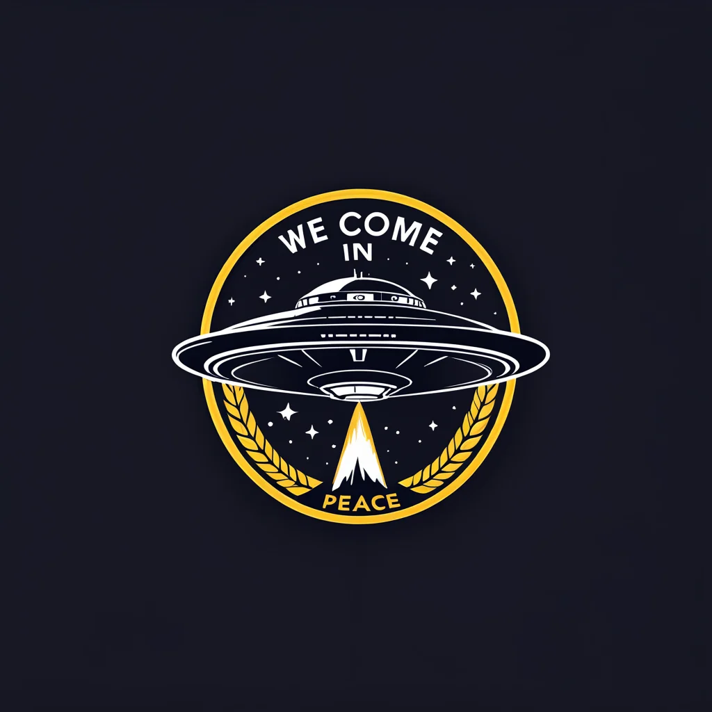 logomkrdsxl, spacecraft, logo, vector, text "we come in peace", <lora:logomkrdsxl:0.8>, best quality, masterpiece,