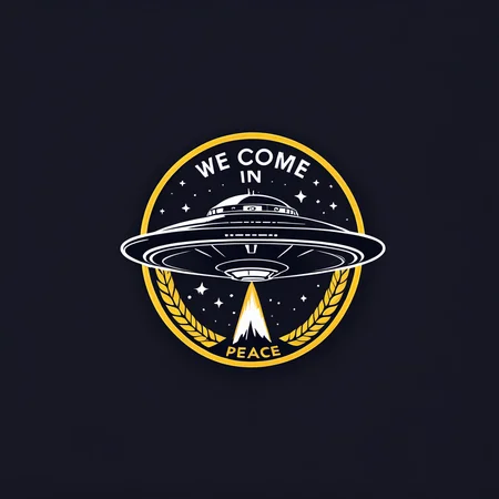 logomkrdsxl, spacecraft, logo, vector, text "we come in peace", <lora:logomkrdsxl:0.8>, best quality, masterpiece,