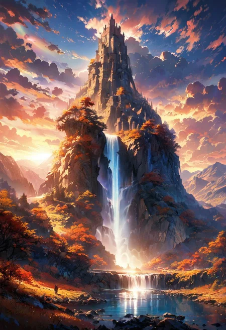 Breathtaking views, nostalgia, detailed landscape, epic magical tower amid mountain range, mysterious, a miracle of nature, great lighting, Nature, autumn leaves, Waterfall, beautiful waterfall, rainbow, sunrise, sun, sunlight, sun reflected on the water, beautiful sky, beautiful view, mysterious glow, beautiful clouds, depth of field, masterpiece, best quality, 8k, ultra-detailed, very aesthetic, illustration, superb composition, finest details, intricate details, absurdres, high contrast, RAW, concept art,