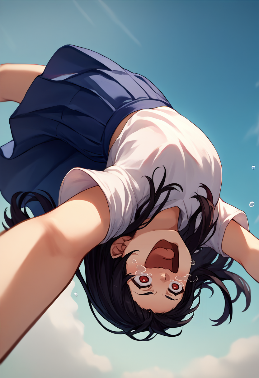 score_9, score_8_up, score_7_up, source_anime, 1girl, upside-down, backflip, <lora:Backflip_XLPD:1>, in air, from below, black hair, red eyes, long hair, shirt, skirt, <lora:concept_aquascreaming_ponyXL:1> aquascreaming, screaming, open mouth, crying with eyes open, selfie,