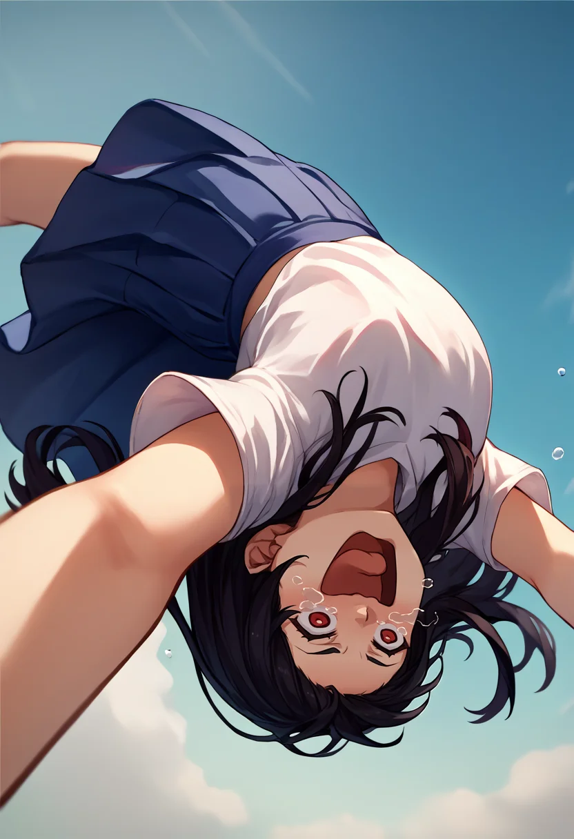 score_9, score_8_up, score_7_up, source_anime, 1girl, upside-down, backflip, <lora:Backflip_XLPD:1>, in air, from below, black hair, red eyes, long hair, shirt, skirt, <lora:concept_aquascreaming_ponyXL:1> aquascreaming, screaming, open mouth, crying with eyes open, selfie,