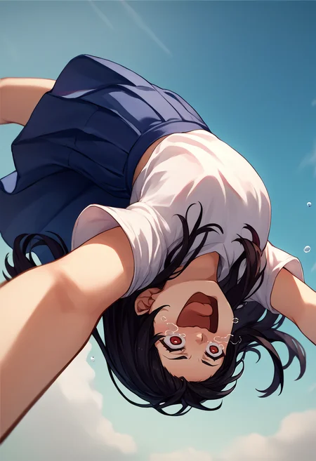 score_9, score_8_up, score_7_up, source_anime, 1girl, upside-down, backflip, <lora:Backflip_XLPD:1>, in air, from below, black hair, red eyes, long hair, shirt, skirt, <lora:concept_aquascreaming_ponyXL:1> aquascreaming, screaming, open mouth, crying with eyes open, selfie,