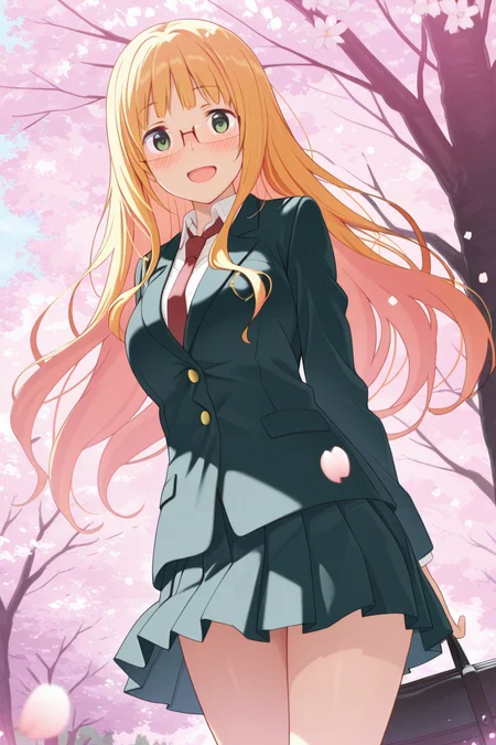 masterpiece, best quality, amazing quality,
 <lora:Mitsuki_IL:1> mitsuki, 1girl, solo, glasses, necktie, long hair, smile, green eyes, cherry blossoms, open mouth, blazer, blush, school uniform, tree, jacket, petals, :d