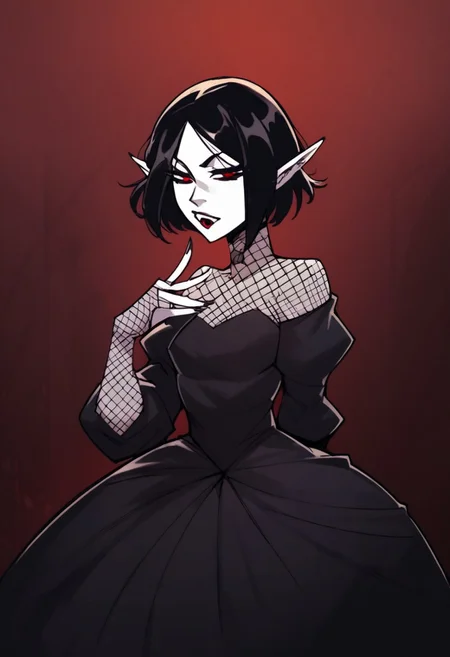 score_9, score_8_up, score_7_up, score_6_up, source_cartoon, rating_explicit,
Missy_Vampair, dress, fishnet, pointy ears, pale skin, red eyes, short hair, fingernails, juliet sleeves, black hair, vampire,