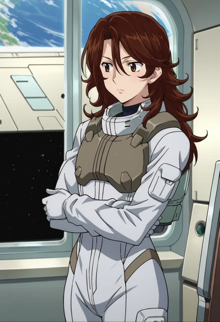score_9,score_8_up,score_7_up,score_6_up,score_5_up,score_4_up,anime coloring BREAK source_anime,anime,<lora:Sumeragi_Lee_Noriega_Gundam_00_Pony:0.8>,sumeragi,1girl,solo,brown eyes,long hair,brown hair,hair between eyes,space suit,standing,crossed_arms,indoors,window,space,looking_to_the_side,