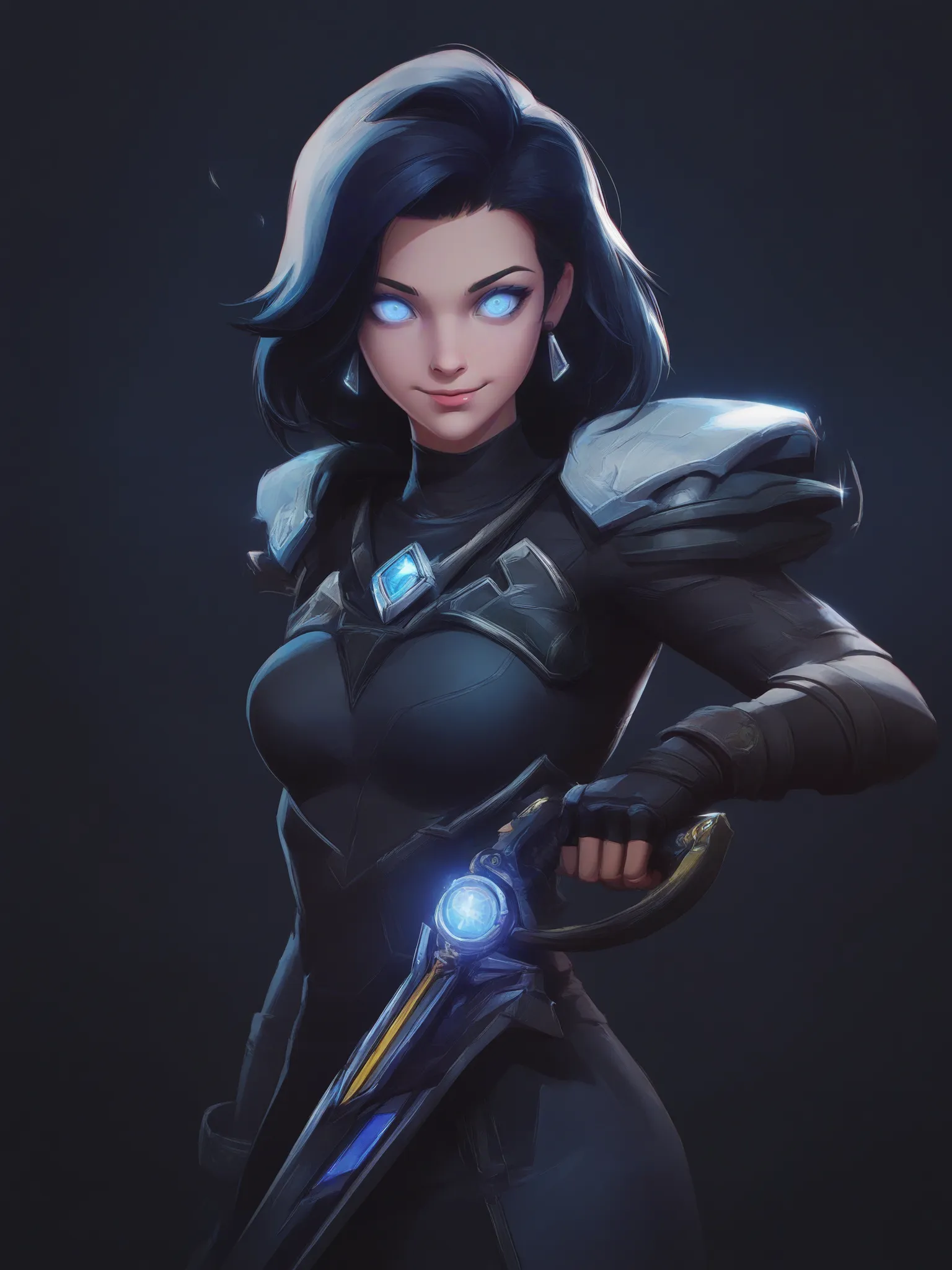 1girl, standing, looking at viewer, masterpiece, best quality, high score, 
 <lora:Marvel_Rivals_Concept_Art_Style:1>,looking at viewer, holding weapon, glowing eyes, fingerless gloves, closed mouth, smile, medium breasts, black gloves, short hair, jewelry, blue eyes, long hair, shoulder armor,