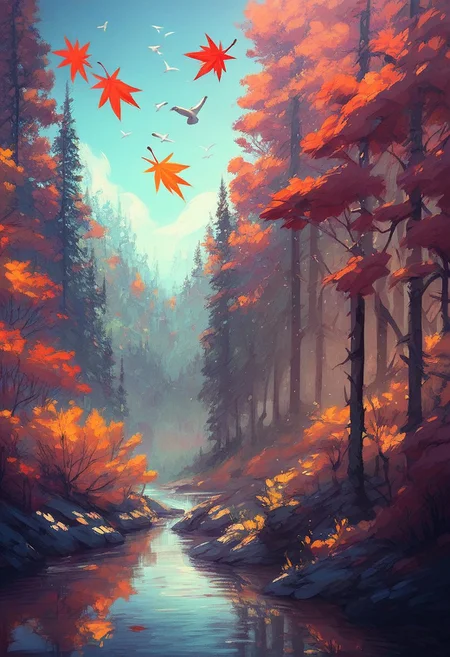 score_9, score_8_up, score_7_up, score_6_up, score_5_up, c0l0urfulsc3n3, scenery, colourful, forest, autumn leaves, autumn, lake, migrating birds