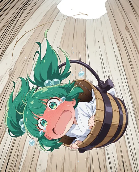 absurdres, highres, masterpiece, best quality, amazing quality, official anime artwork, screencap, anime screencap, outdoors, wall, falling, scared, open motuh, full-face blush, wavy mouth, tears, 
<lora:Kisume_Illustrious:1> kisume, 1girl, solo, green eyes, green hair, short hair, short twintails,, hair bobbles, white kimono, long sleeves, wooden bucket, in bucket,