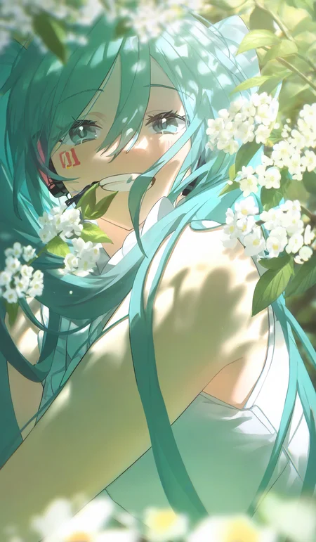 <lora:konya666 (5):1>,highres,absurdres,newest,very awa,masterpiece,best quality,year 2024,
\,
SenSen,1girl,solo,hatsune miku,flower,long hair,white flower,twintails,looking at viewer,hair between eyes,upper body,aqua hair,sleeveless,blurry,blurry foreground,shirt,leaf,aqua eyes,dappled sunlight,sleeveless shirt,depth of field,covered mouth,bare shoulders,plant,sunlight,smile,