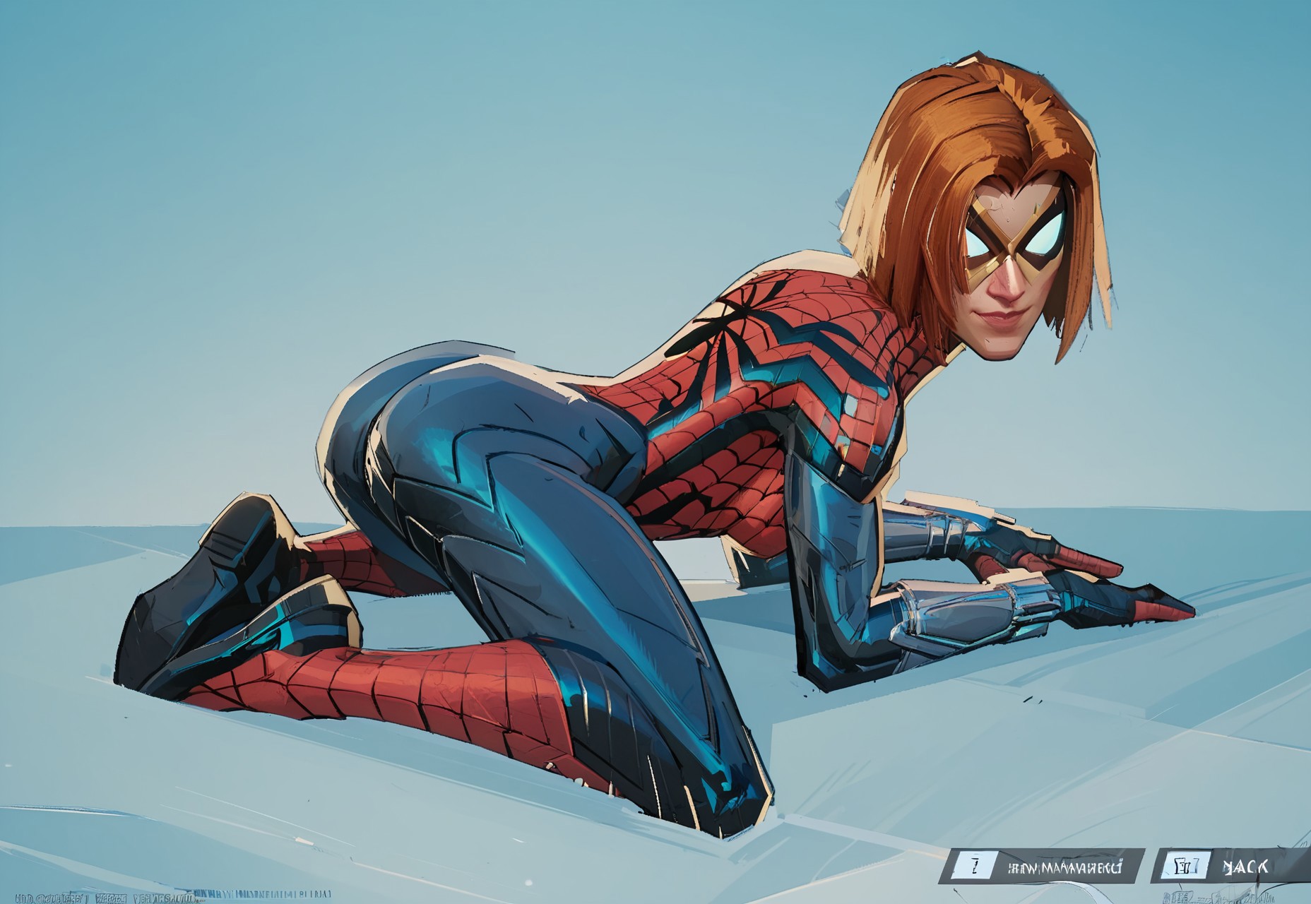 safe_pos, ((mvpscreen, official art)), score_9, score_8, score_7, masterpiece, solo, female focus, 1girl, breasts, medium breasts, superhero, bodysuit, spider web print, mask, ass, unmasked, taking mask off, short hair, redhead, lesbian cutie, adorable smile, 3d-inspired perfect eyes 
