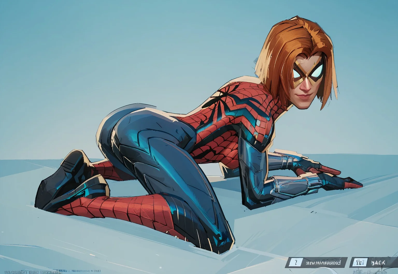 safe_pos, ((mvpscreen, official art)), score_9, score_8, score_7, masterpiece, solo, female focus, 1girl, breasts, medium breasts, superhero, bodysuit, spider web print, mask, ass, unmasked, taking mask off, short hair, redhead, lesbian cutie, adorable smile, 3d-inspired perfect eyes
