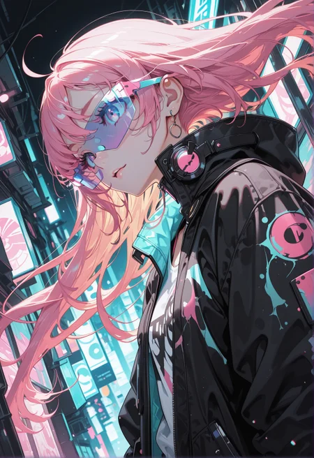 <lora:ck-yoneyama-mai-IL-000014:1>, masterpiece, best quality, good quality, very aesthetic, absurdres, newest, 8K, depth of field, focused subject, 
dynamic angle, medium close up,  1girl, flowing hair, neon urban streetwear, oversized jacket, holographic sunglasses, futuristic Tokyo background, soft pastel lighting, vaporwave aesthetic, intricate details, dreamy and vibrant, glowing effects,
ckym, in the style of ckym,