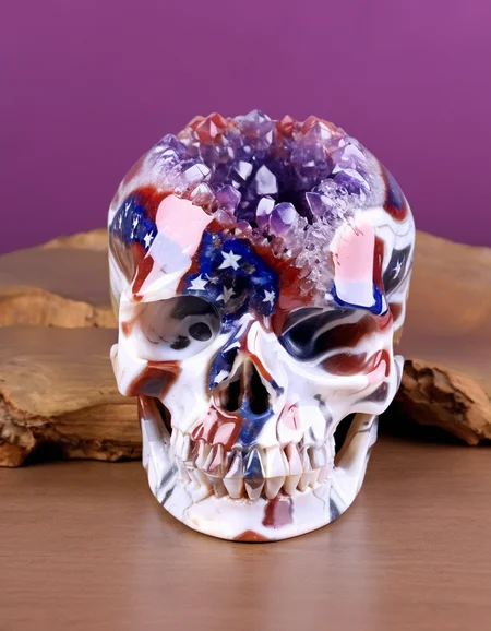 (patriotic geodeskull), (Ultra realistic, intricate, high resolution professional product photography), (High quality, dramatic lighting, Highly detailed, Sharp focus, 8K UHD, masterpiece) <lora:GEODESKULL-GEODESKULL-000006:0.9>