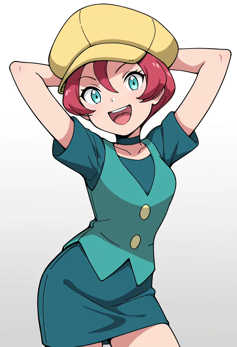 masterpiece, best quality, 1girl, solo, eyelashes, (beautiful eyes), zzGeorgia, aqua eyes, pink hair, hair between eyes, short hair, smile, open mouth, skirt, shirt, hat, green eyes, collarbone, short sleeves, :d, red hair, teeth, choker, tongue, vest, arms up, looking at viewer, buttons, upper teeth only, black choker, arms behind head, green shirt, green vest, yellow headwear , ,<lora:GeorgiaPokemon_IXL_v3:1.0>,