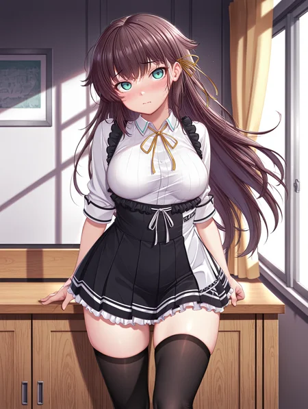 <lora:kana_kashiwazaki_-_game_-_Nebel_Geisterjäger_The_First_Lamb:0.9> kanakashiwazaki, yellow ribbon, aqua eyes, white shirt, collared shirt, thighhighs,medium breasts, frills, neck ribbon, pleated skirt,
masterpiece,best quality,amazing quality,