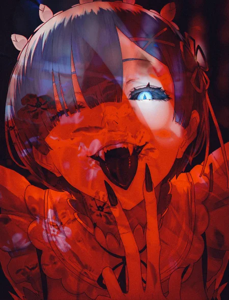 1girl, solo, facing viewer, portrait, upper body, 
leaning forward, foreshortening, rem \(re:zero\),  black sclera, half-closed eyes, blue eyes, smirk, tongue out, black tongue, staring, looking down, looking at viewer, hand on own lips, long fingers, sharp fingernails, black nails, black lips, from below,  one eye closed, fangs,
black background, 
masterpiece, best quality, amazing quality, very aesthetic, 
(lips, nose:1.2),
(by sawarakajin:1.25),