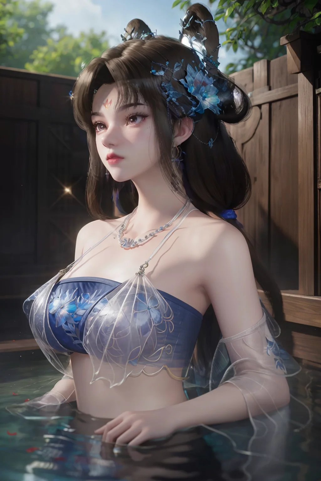 breathtaking <lora:ChengLing>,halter top,sexy,1girl,jewelry,forehead mark,solo,long hair,hair ornament,camisole,transparent,embroidered camisole,glowing,alpha transparency,see-through,from below,sparkle,earrings,upper body,necklace,brown hair,pearl,flower,simple background,onsen,partially immersed, . award-winning, professional, highly detailed, best quality , masterpiece, illustration, an extremely delicate and beautiful, extremely detailed ,CG,unity,8k wallpaper, Amazing, finely detail, masterpiece, best quality,official art,extremely detailed CG unity 8k wallpaper,absurdres, incredibly absurdres, huge filesize , ultra-detailed, highres, extremely detailed,beautiful detailed girl, extremely detailed eyes and face, beautiful detailed eyes,light on face,