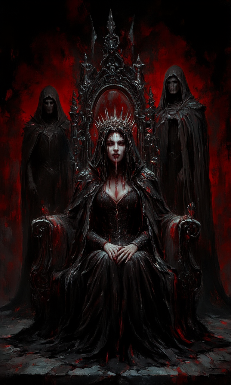 dark, gothic-style digital painting depicting a sinister scene. The central figure is a woman seated on an ornate, dark throne with an arched, red velvet backrest. She is dressed in a long, black, hooded cloak that drapes over her shoulders and down to the floor, revealing a black, form-fitting dress with a high collar. Her face is pale and expressionless, with stark white makeup accentuating her dark eyes and lips. A crown of twisted, sharp metal spikes sits atop her head, adding to the menacing atmosphere. Her hands are clasped in her lap, and there is a dark, viscous substance dripping from her mouth, suggesting blood or some other sinister fluid.
To the left of the throne, another hooded figure stands, partially obscured, casting a long shadow. This figure also wears dark, form-fitting clothing and appears to be looking towards the central figure with a sinister expression. The background is a deep, dark red, enhancing the ominous and foreboding tone of the image. The throne and surrounding area are adorned with intricate, gothic patterns and textures, adding to the overall dark and macabre aesthetic. The image is rich in detail and texture, with a high level of contrast between light, aidmaimageupgrader, aidmamj6.1,