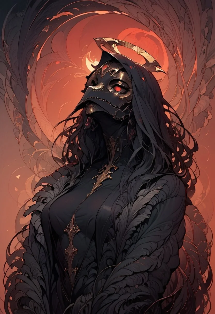 zPDXL3 , Expressiveh , score_9 , score_8 , score_7 , score_6_up , highly detailed , high quality , high res , skindentation , Art Noveau , Noveau ,
solo ,female , plague doctor, mask , dark halo , feathered wing , black feather , feather coat , voluptuous , dress ,
(blood eclipse , red sky ,background) ,