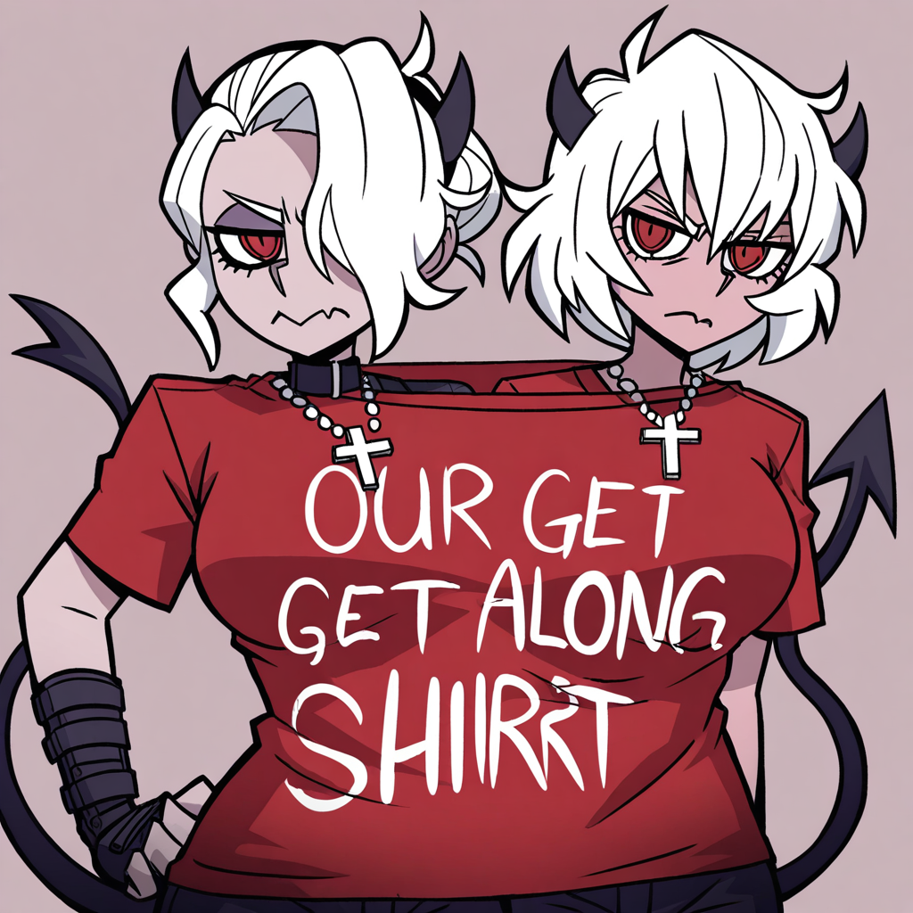 masterpiece, best quality, newest, absurdres, highres, anime, anime style, OurGetAlongShirt-V1.0, text (our get along shirt), English text, text, shirt, our get along shirt (meme), clothes writing, 2girls, multiple girls, 1girl, zdrada \(helltaker\), demon girl, short hair, white hair, horns, demon tail, cross, cross necklace, demon horns, necklace, red eyes, red shirt, BREAK 1girl, malina \(helltaker\), demon girl, short hair, white hair, horns, demon tail,