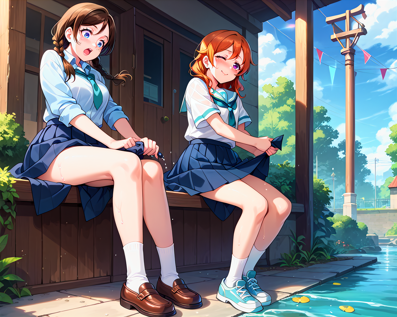 score_9, score_8_up, score_7_up, score_6_up, source_anime, (2girls:1.5), (multiple girls:1.5), water, wet, duo, clothes, puddle, outdoors, <lora:wringingskirt_Pony_v1:0.4> wringing skirt, <lora:LLChar_Pony_Niji:0.25> love live!
BREAK emma verde, blue eyes, (2 braids), brown hair, freckles, large breasts, long hair, surprised, open mouth, :o, wringing skirt, school uniform, 
BREAK konoe kanata, large breasts, long hair, orange hair, purple eyes, wavy hair, shy smile, blush, wringing shirt, school uniform,