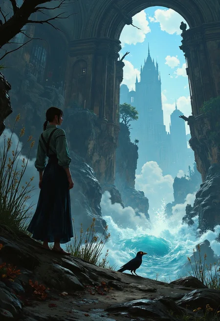 A staircase of bones and ivy ascends to a towering gate carved into a mountainside. Through the gate, instead of sky, there is an endless ocean, its waves crashing yet never spilling through. At the threshold, a single crow with golden eyes perches, watching every traveler that dares approach.
, aidmabaldursgate3,