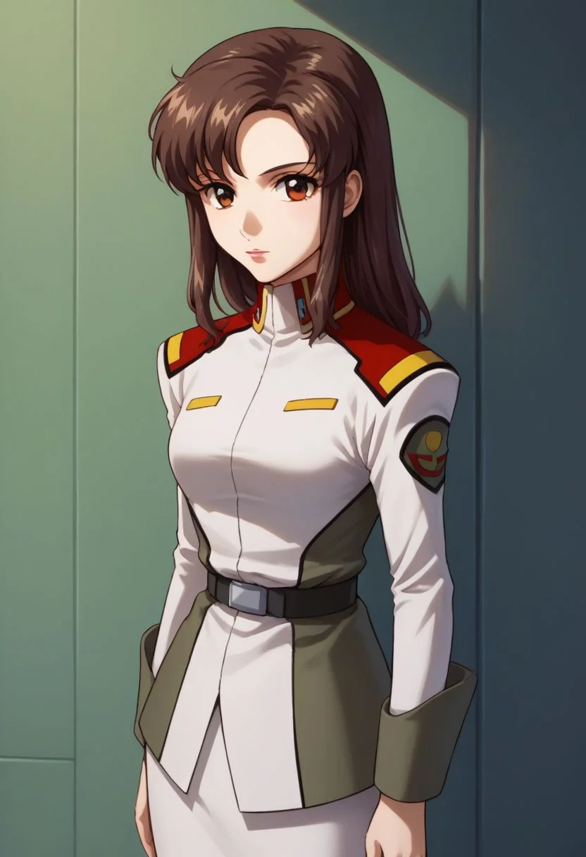 score_9, score_8_up, score_7_up, source_anime,
murrue, 1girl, uniform, solo, brown hair, military uniform, military, pantyhose, brown eyes, skirt, looking at viewer, upper body, stand,
indoor,