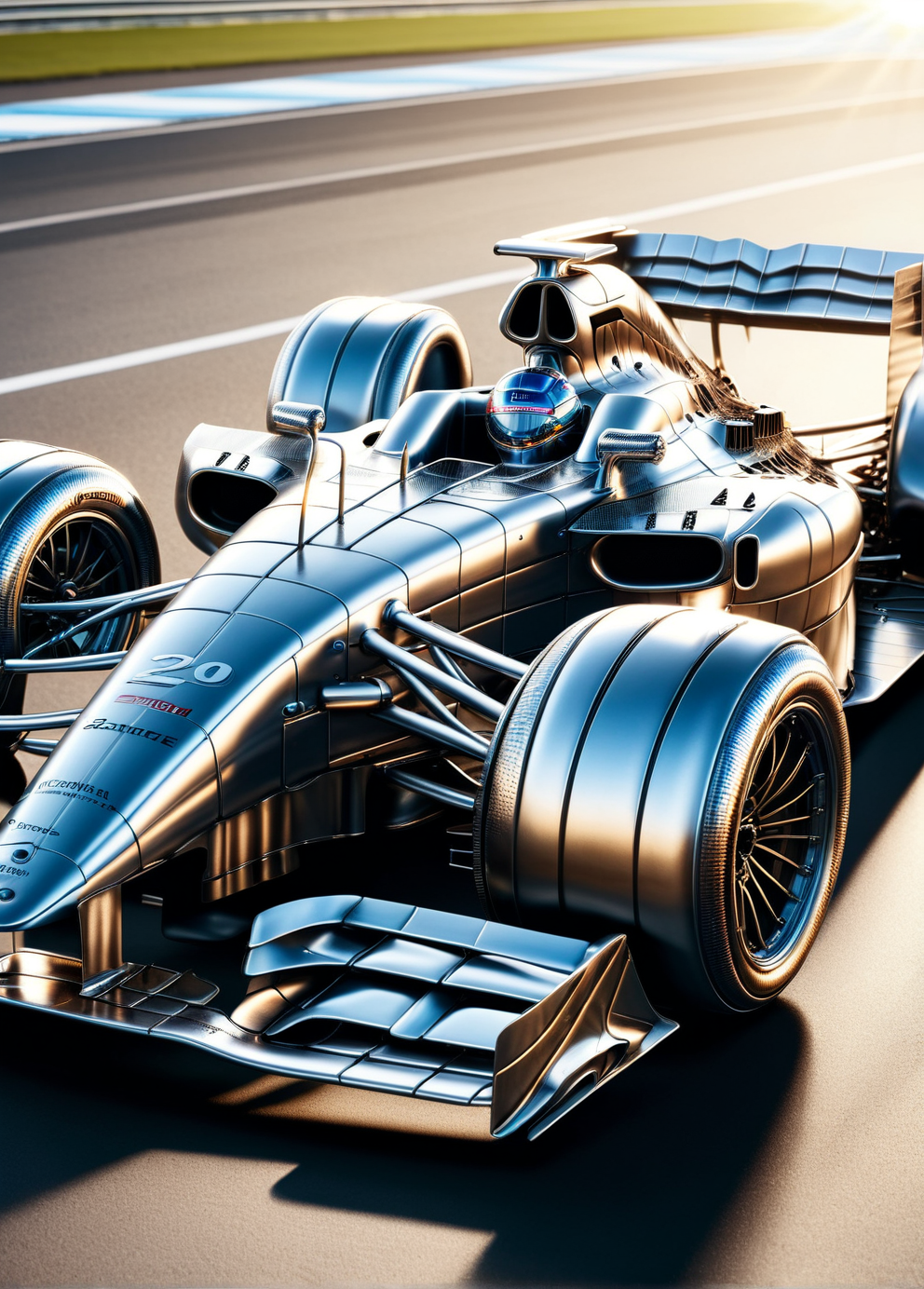 <lora:ais-sldr-sdxl:1>, An intricately designed ais-sldr F1 race car, reflecting the sunlight on to the hot tarmac of the race track