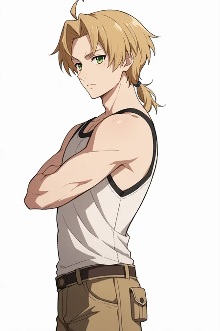 score_9, score_8_up, score_7_up, source_anime, 1boy, prefect lighting, very aesthetic, intricate details, highly detailed background, masterpiece, high quality, prefect hands, best quality, solo,
<lora:Rudeus_Greyrat_Mushoku_Tensei_V1:.85>, KJOrudy, parted bangs, blonde hair, green eyes, small ponytail, low ponytail, ahoge, mole under eye,
cowboy shot, from side, looking at viewer,
tank top, cargo shorts, crossed arms,
white background, simple background,