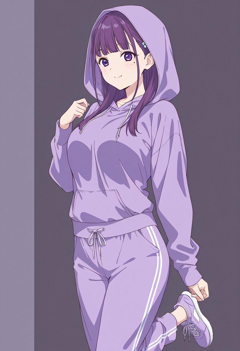 hires, high quality, anime coloring, 
1girl, solo, hotaru ichinose, hotaru ichinose \(22/7\), purple hair, long hair, purple eyes, hair ornament, mole under eye, hoodie, purple shirt, sweatpants, sneakers, high_tops, hood up , large breasts, cowboy shot