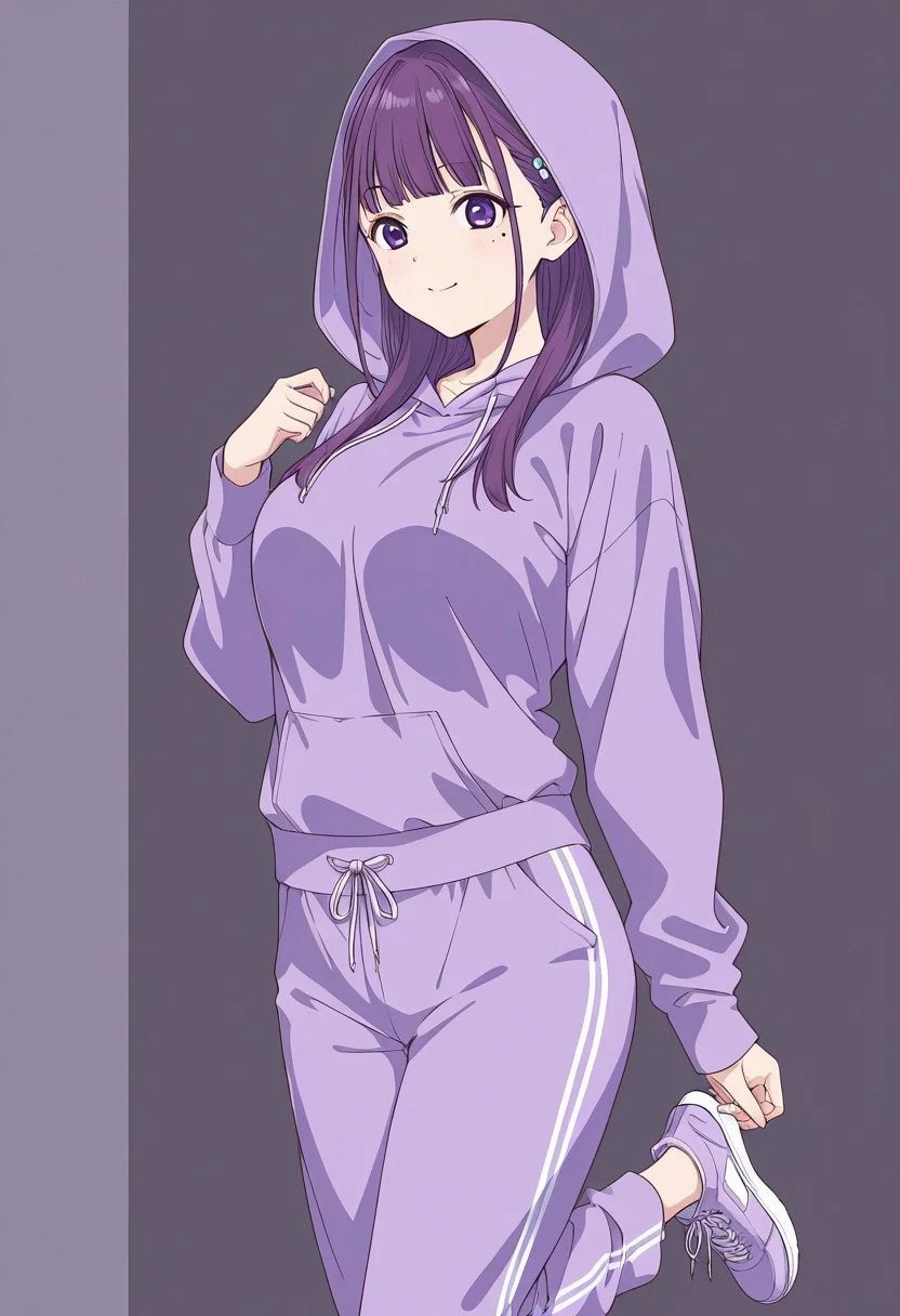 hires, high quality, anime coloring,
1girl, solo, hotaru ichinose, hotaru ichinose \(22/7\), purple hair, long hair, purple eyes, hair ornament, mole under eye, hoodie, purple shirt, sweatpants, sneakers, high_tops, hood up , large breasts, cowboy shot