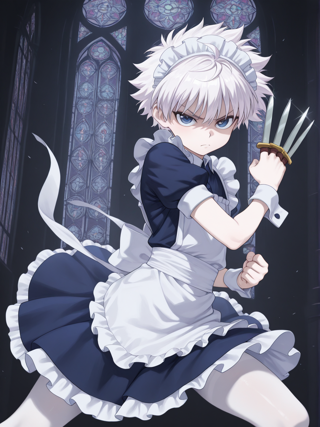 masterpiece, best quality, amazing quality, 1boy, solo,  <lora:IlluKillua:1> illukillua, white hair, blue eyes, maid headdress, maid, maid apron, white pantyhose, frills, puffy short sleeves, annoyed, short dress, wrist cuffs, knifes between fingers, dynamic pose, stained glass, dark background, knife, wind lift, looking at viewer,