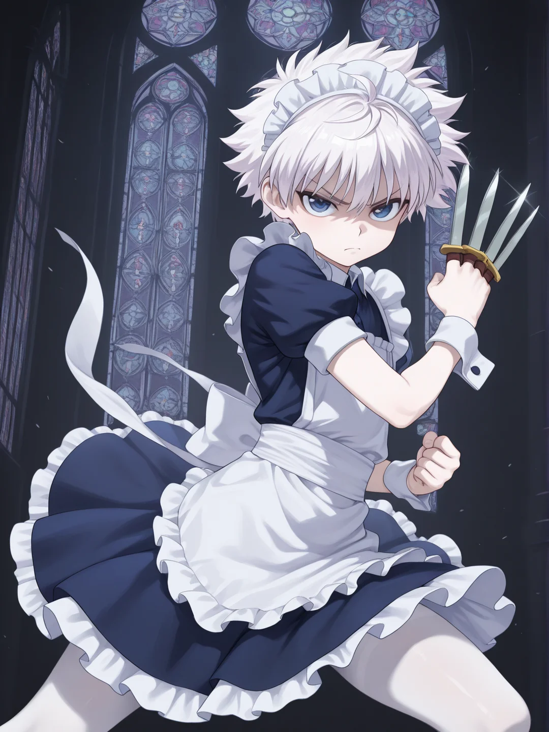 masterpiece, best quality, amazing quality, 1boy, solo, <lora:IlluKillua:1> illukillua, white hair, blue eyes, maid headdress, maid, maid apron, white pantyhose, frills, puffy short sleeves, annoyed, short dress, wrist cuffs, knifes between fingers, dynamic pose, stained glass, dark background, knife, wind lift, looking at viewer,