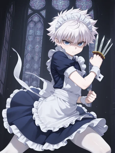 masterpiece, best quality, amazing quality, 1boy, solo, <lora:IlluKillua:1> illukillua, white hair, blue eyes, maid headdress, maid, maid apron, white pantyhose, frills, puffy short sleeves, annoyed, short dress, wrist cuffs, knifes between fingers, dynamic pose, stained glass, dark background, knife, wind lift, looking at viewer,
