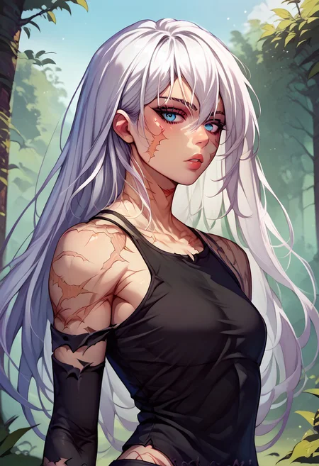score_9, score_8_up, score_7_up, source_anime, M4kisc4rs, scars, EPnna2, white hair, long hair, blue eyes, hair between eyes, android, robot joints, mole under mouth, elbow gloves, black gloves, shorts, thighhighs, torn legwear,  tank top, bare shoulders, standing, expressionless, pursed lips, looking at viewer, forest background