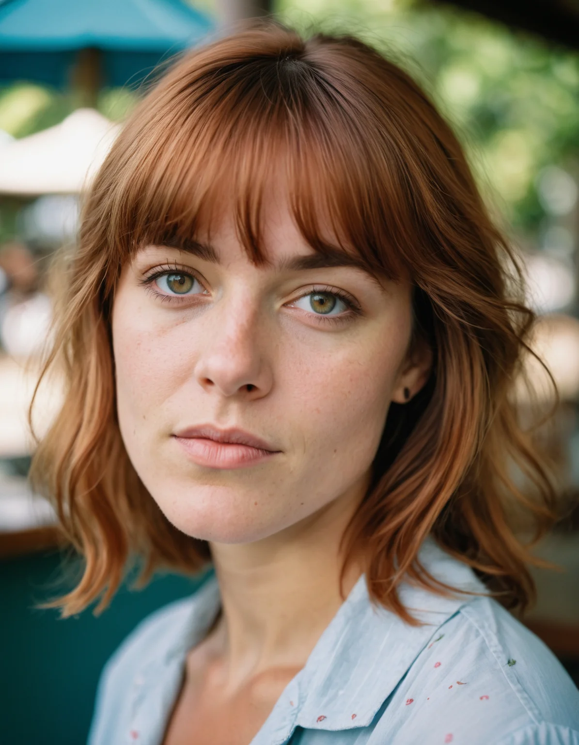 analog film photo portrait photography of a beautiful st lucian woman with Auburn Side-swept bangs hair at kafenio during Midday, Nikon Z9 . 16mm, ((remarkable color)), (ultra realistic), film, bokeh, professional, 4k, highly detailed, art by Annie Leibovitz
