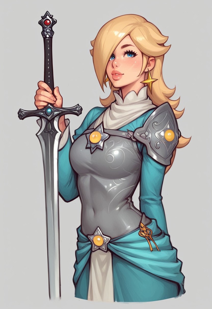 Beauty Princess Rosalina from Super Mario, pale skin, slim stomach, long hair, side bangs, ultra detailed beauty faces, full body, action pose, big brightness blue eyes,
(((full-clothed medieval armor))), ((long sword in hands, steel sword in hands)), medieval style
BREAK 
strange world background score_9, score_8_up, score_7_up, score_6_up, source_cartoon, rating_explicit, Expressiveh, ((((portrait, close up)))), dynamic pose