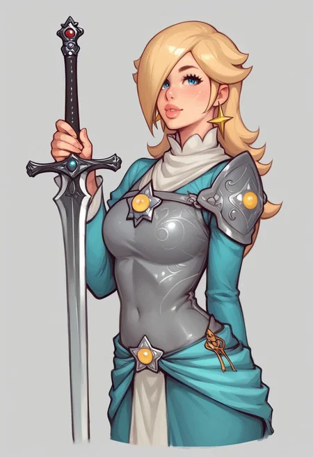 Beauty Princess Rosalina from Super Mario, pale skin, slim stomach, long hair, side bangs, ultra detailed beauty faces, full body, action pose, big brightness blue eyes,
(((full-clothed medieval armor))), ((long sword in hands, steel sword in hands)), medieval style
BREAK 
strange world background score_9, score_8_up, score_7_up, score_6_up, source_cartoon, rating_explicit, Expressiveh, ((((portrait, close up)))), dynamic pose