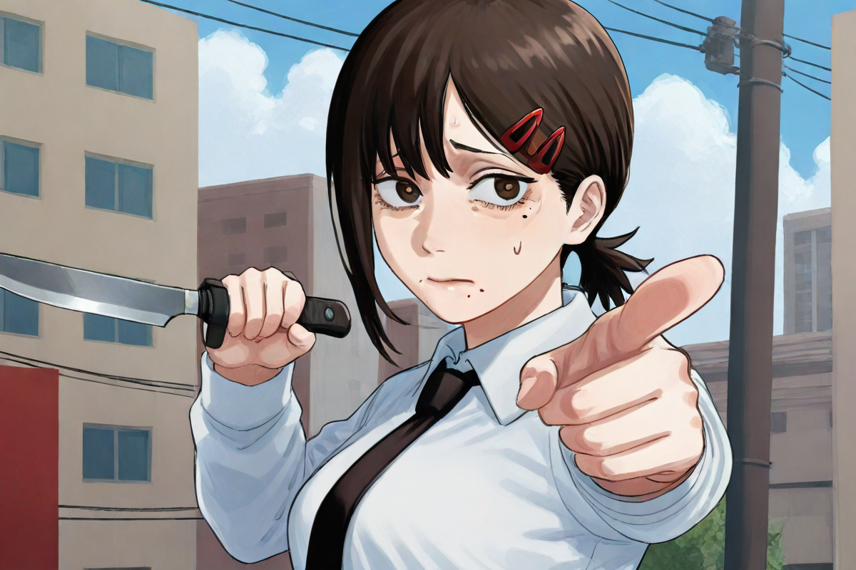 higashiyama kobeni,1girl,knife,holding knife,(solo:1.2),necktie,multiple moles,mole,holding,hair ornament,single sidelock,shirt,hairclip,black necktie,mole under eye,collared shirt,white shirt,looking at viewer,black hair,outdoors,mole under mouth,short ponytail,nervous,sky,utility pole,cloud,pointing at viewer,weapon,holding weapon,power lines,brown hair,short hair,day,long sleeves,building,closed mouth,cloudy sky,brown eyes,sweatdrop,serious,(full body:1.2),
CSMcover-style,<lora:CSMcover-style_noob11_v3:0.9>,