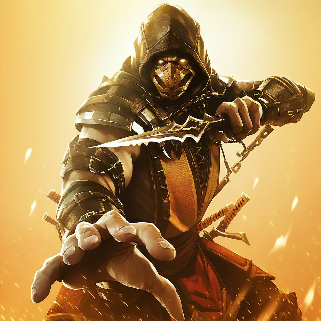Mortal Kombat Style, solo, looking at viewer, 1boy, holding, weapon, male focus, sword, hood, holding weapon, armor, mask, glowing, knife, sheath BREAK ,score_9, score_8_up, score_7_up, score_6_up, score_5_up, score_4_up,